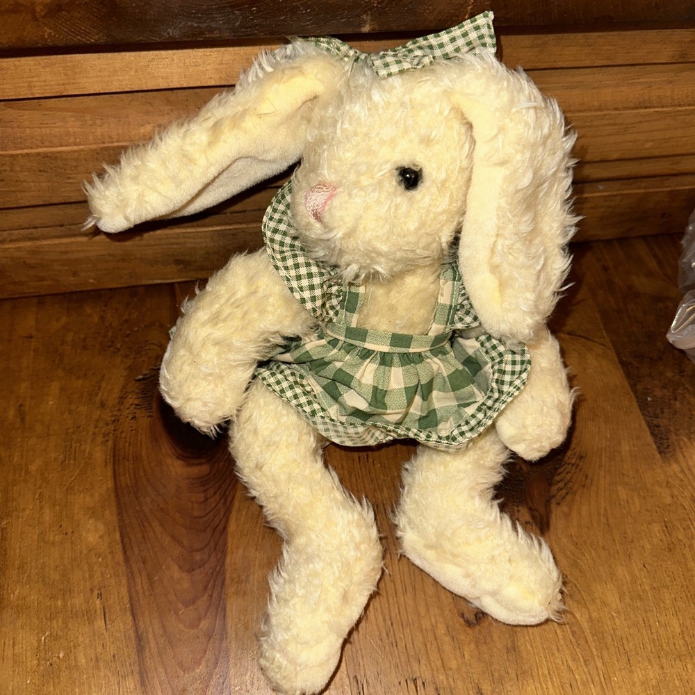 Dan Dee Vintage 10" Bunny Rabbit Cream Floppy Ears Gingham Dress Cottage Core